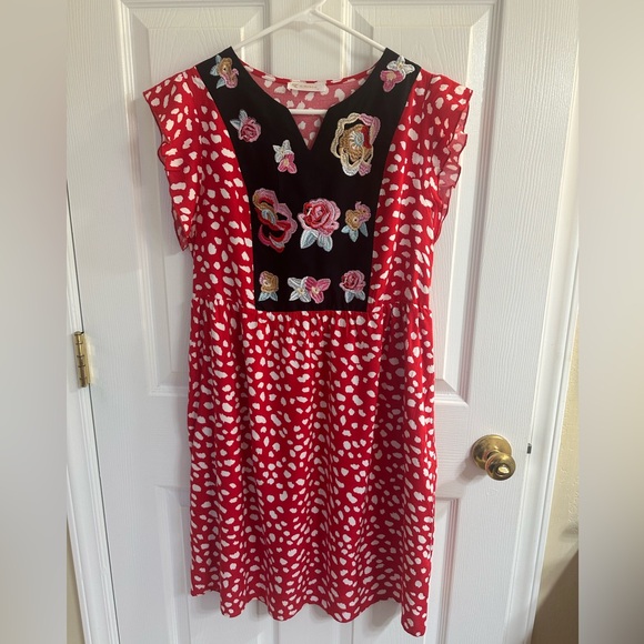 Kirundo Women’s Red Embroidered V-Neck Summer Mini Boho Lined Dress Size Small - Picture 4 of 8